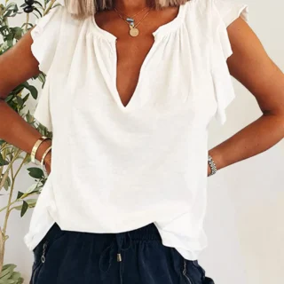 Ruffled Notched Cap Sleeve T-Shirt