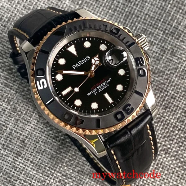 41mm Parnis Black Dial Black Sapphire Glass Ceramic Bezel 21 Jewels Miyota 8215 Automatic Men's Watch Bidirectional Bezel - Image 2