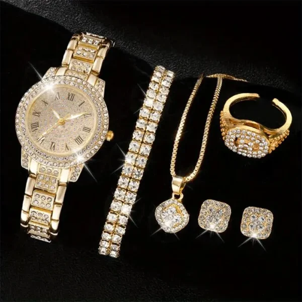 6PCS Women Watch Luxury Elegant Alloy Watch Crystal Wristwatch For Ladies Gift Quartz Watch Alloy Rhinestone Bracelet Montre - Image 3