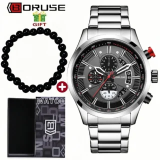 BORUSE 2Pcs/set Business Men's Watch Bracelet Alloy Case Round Dial Date Display The Best Choice for Giving To Men on Festivals