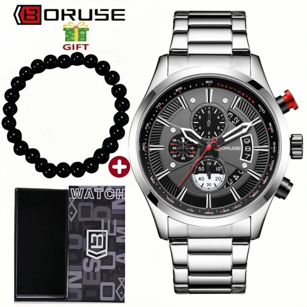 BORUSE 2Pcs/set Business Men's Watch Bracelet Alloy Case Round Dial Date Display The Best Choice for Giving To Men on Festivals