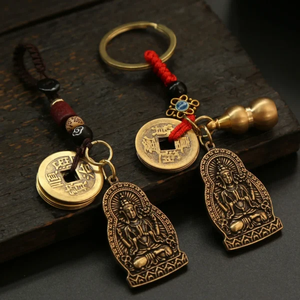 Brass Double sided Four Armed Bodhisattva Keychain WealthSummoning Order Five Emperors' Money Key chain Feng shui Car key rings - Image 2