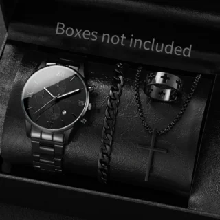 4pcs/set Men's Trendy Watch Bracelet Necklace Ring Set Hip Hop Style Casual Men's Cool Quartz Watch Set (No Box)