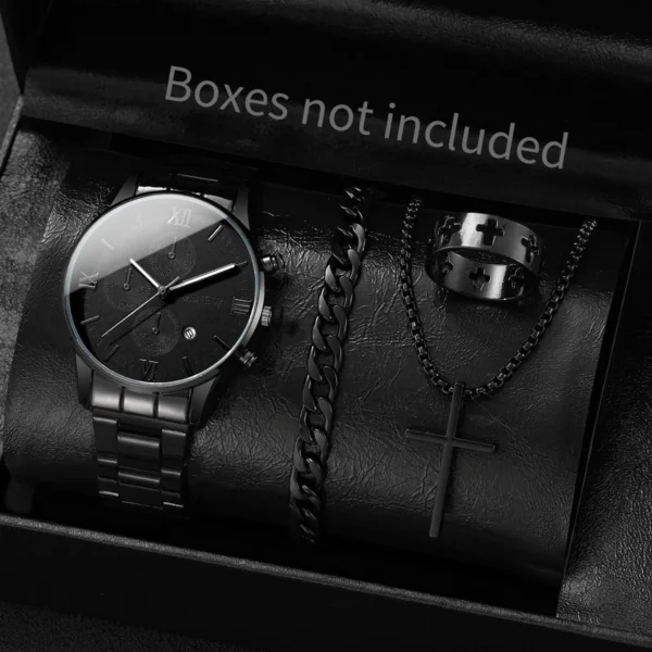 4pcs/set Men's Trendy Watch Bracelet Necklace Ring Set Hip Hop Style Casual Men's Cool Quartz Watch Set (No Box)