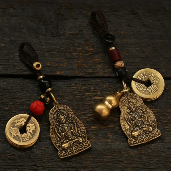 Brass Double sided Four Armed Bodhisattva Keychain WealthSummoning Order Five Emperors' Money Key chain Feng shui Car key rings - Image 3