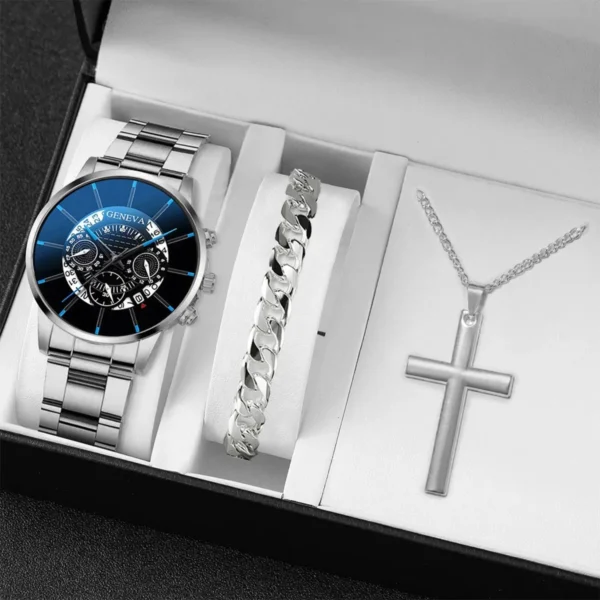 3PCS Men Business Watches Fashion Steel Band Quartz Watch Male Casual Necklace Bracelet Wristwatch Set（Without Box） - Image 2