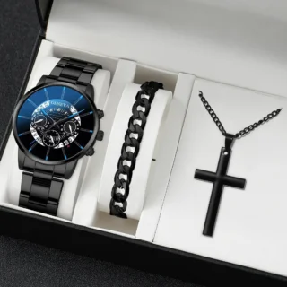 3PCS Men Business Watches Fashion Steel Band Quartz Watch Male Casual Necklace Bracelet Wristwatch Set（Without Box）