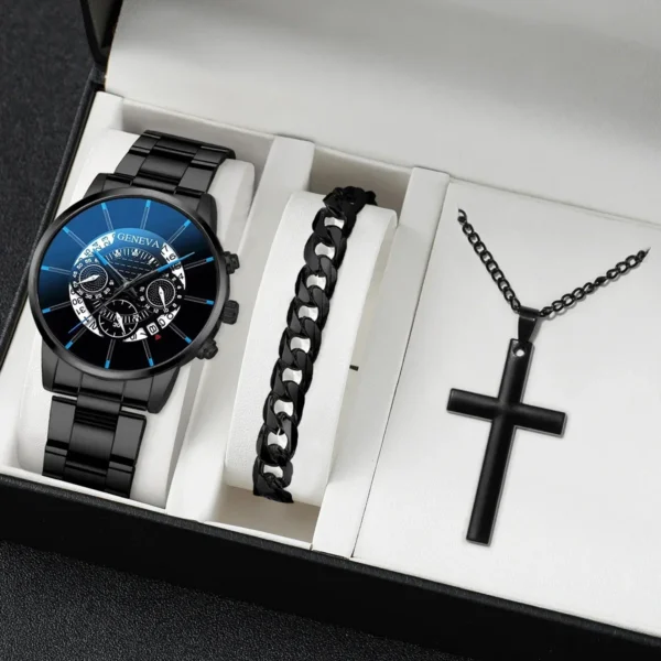 3PCS Men Business Watches Fashion Steel Band Quartz Watch Male Casual Necklace Bracelet Wristwatch Set（Without Box）