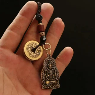 Brass Double sided Four Armed Bodhisattva Keychain WealthSummoning Order Five Emperors' Money Key chain Feng shui Car key rings