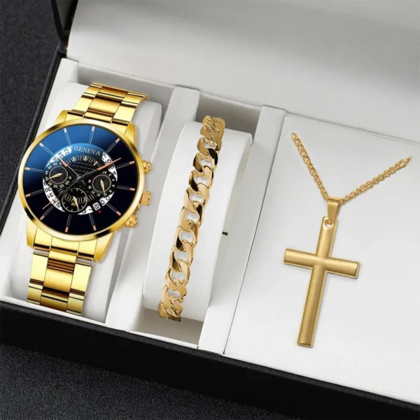 3PCS Men Business Watches Fashion Steel Band Quartz Watch Male Casual Necklace Bracelet Wristwatch Set（Without Box） - Image 3