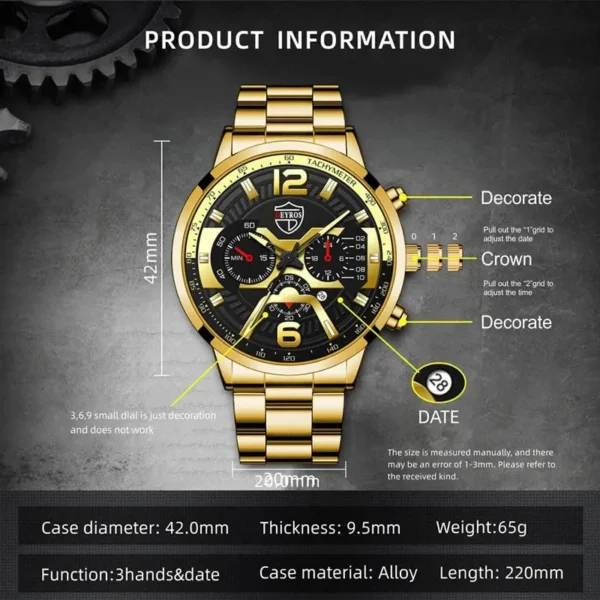 5PCS Set DEYROS Fashion Mens Calendar Watches Men Business Stainless Steel Quartz Wristwatch Male Casual Necklace Bracelet Watch - Image 2
