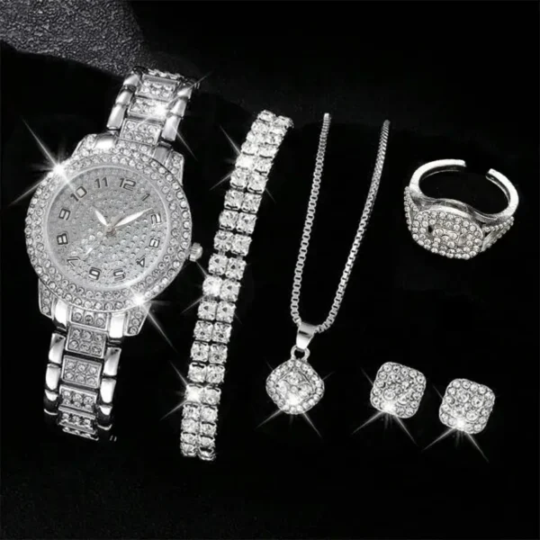6PCS Women Watch Luxury Elegant Alloy Watch Crystal Wristwatch For Ladies Gift Quartz Watch Alloy Rhinestone Bracelet Montre - Image 2