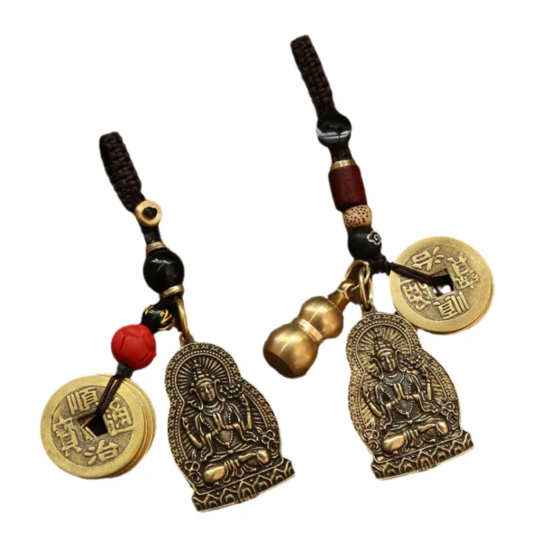 Brass Double sided Four Armed Bodhisattva Keychain WealthSummoning Order Five Emperors' Money Key chain Feng shui Car key rings - Image 6
