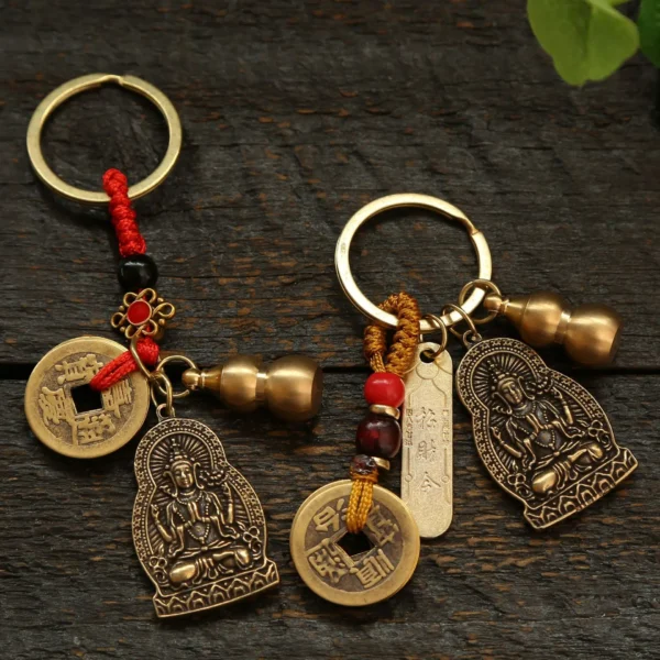 Brass Double sided Four Armed Bodhisattva Keychain WealthSummoning Order Five Emperors' Money Key chain Feng shui Car key rings - Image 4
